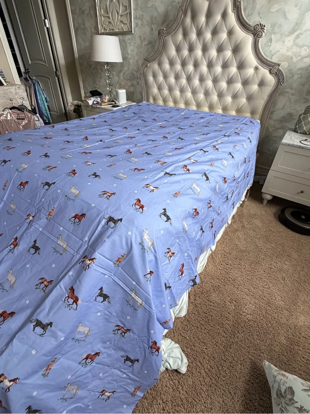 New Anthropologie organic percale cotton printed flat sheet queen full Horses